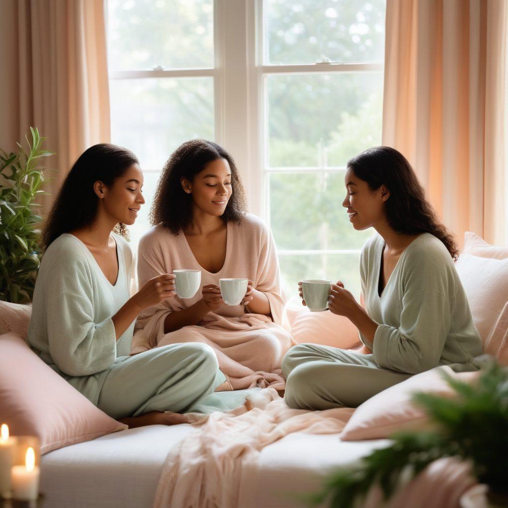 A warm, inviting scene of diverse individuals sitting in a cozy circle, sharing stories over a steaming cup of tea. A backdrop of soft pillows and plants creates a nurturing atmosphere, with gentle sunlight filtering through a window. Expressions of empathy and understanding adorn their faces, highlighting the importance of intimate wellbeing. Dreamy and pastel color palette. soft focus. painting.