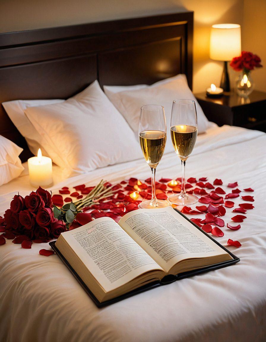 A serene, inviting bedroom setting featuring soft lighting, plush bedding, and sensual decor elements like silk sheets and rose petals. Include subtle touches of intimacy such as a champagne bottle and glasses, a book on relationships, and dimmed candles casting a warm glow. The atmosphere should evoke comfort and romance, inviting the viewer to explore themes of intimacy and wellness. soft focus. warm colors. interior design aesthetic.