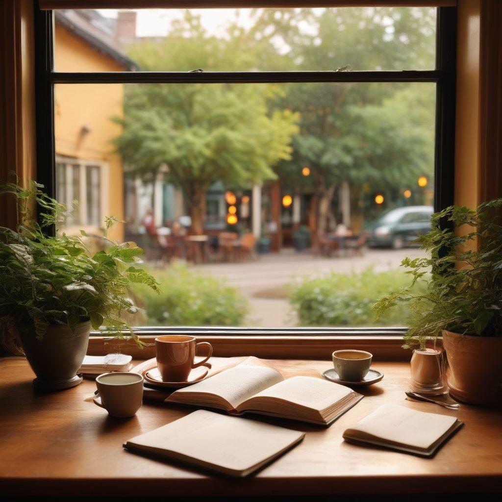 A warm and inviting scene depicting a couple engaged in a heartfelt conversation at a cozy café with soft lighting. Include a beautifully arranged table with two cups of coffee and an open notebook with relationship tips written on it. Show a lush green park visible through the café window, symbolizing growth and connection. Capture a sense of intimacy and understanding between the couple. super-realistic. warm colors. soft focus.